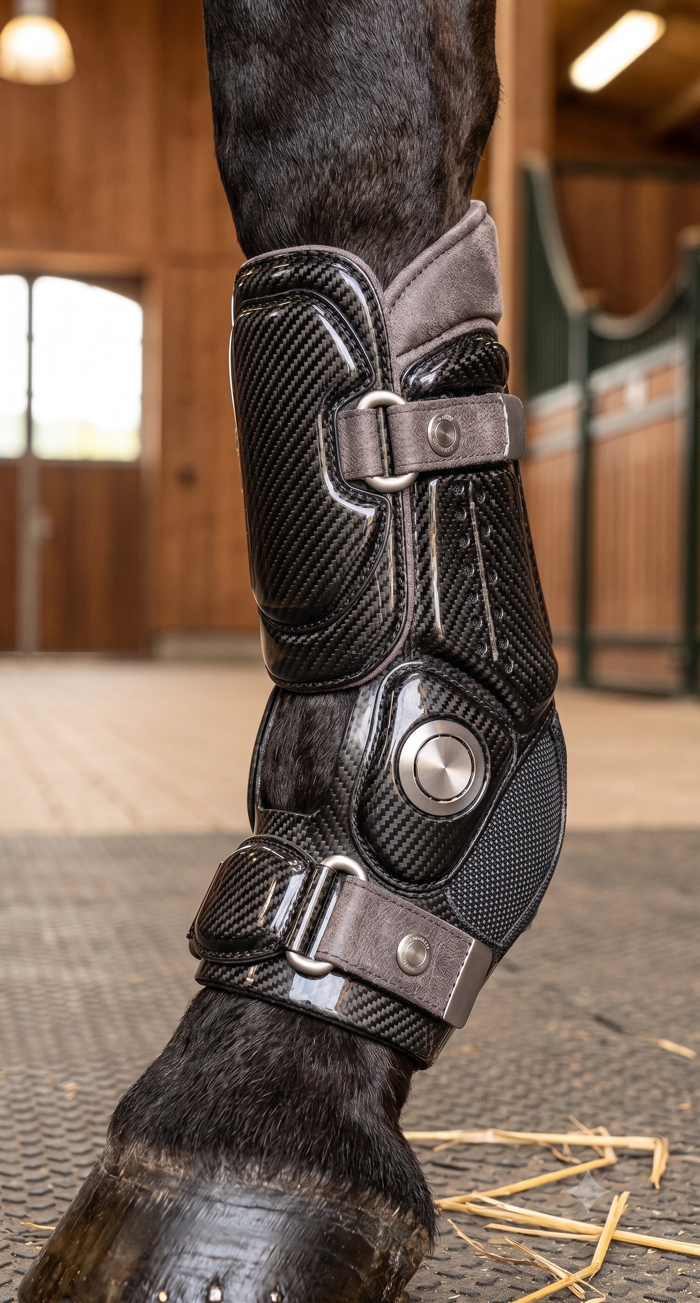 Close-up of the TendonStride Apex boot on a horse's leg